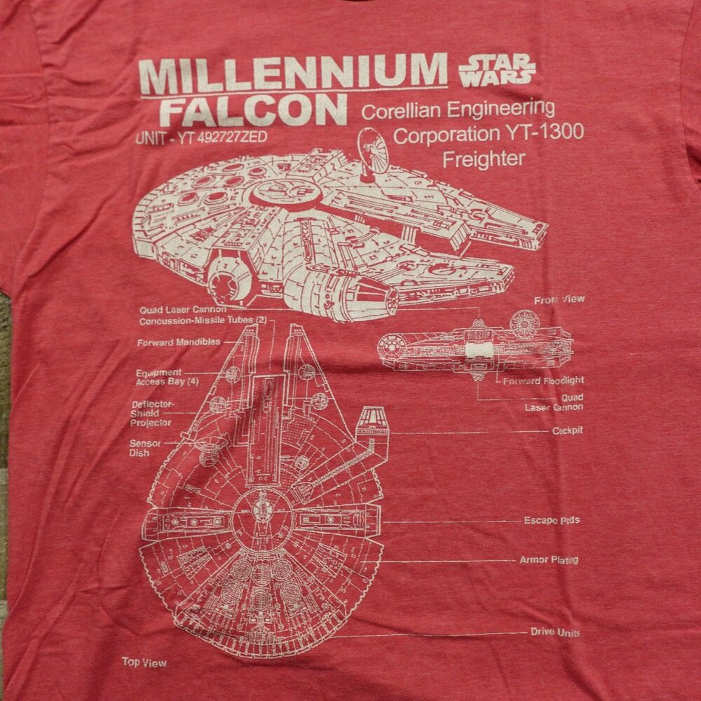Star Wars Millennium Falcon Blueprint Graphic T-Shirt Men’s XL Red Sci-Fi - Picture 2 of 9
